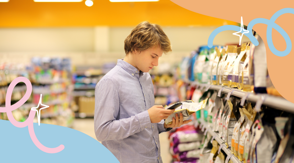 Man selecting cat food on grocery.