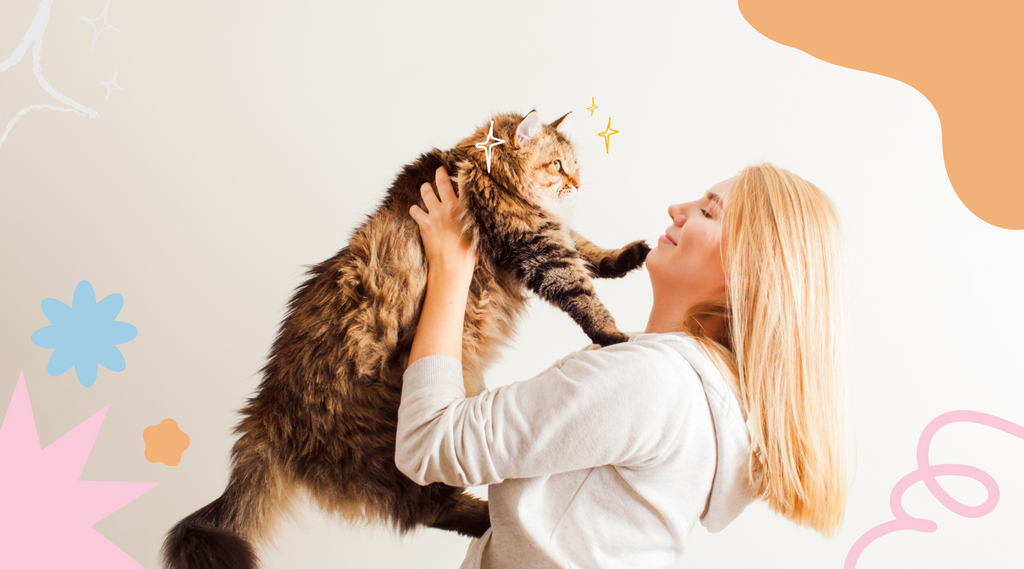 Happy cat held aloft by its loving fur parent.