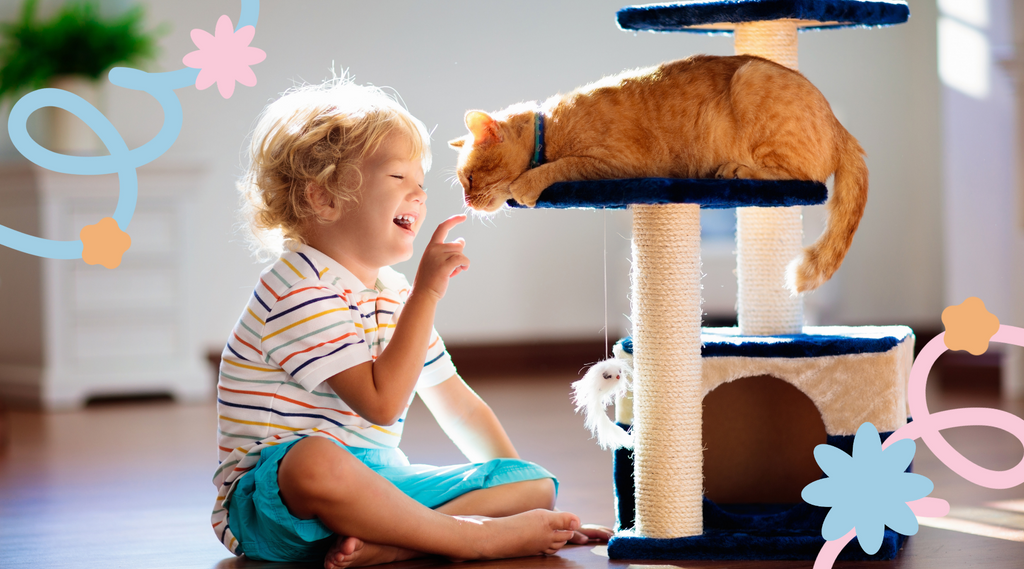Joyful playtime between a kid and their cat.