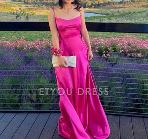 A Line Spaghetti Straps Satin Hot Pink Long formal dresses Bridesmaid Dresses evening gown Prom Dress - etyou