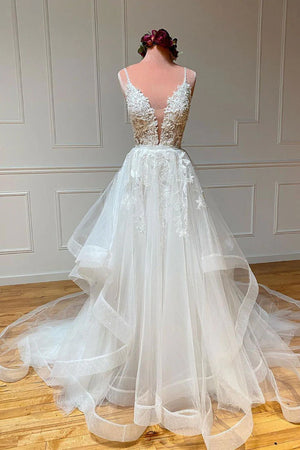 V neck tulle lace long Wedding Dresses - etyou