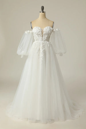 A Line Off the Shoulder Ivory Bridal Dress with Long Sleeves - etyou