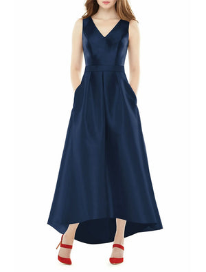 A-Line Wedding Guest Dresses Elegant Dress Wedding Party Semi Formal Asymmetrical Sleeveless V Neck Pocket Satin with Fringe - etyou - Formal Dress For Wedding Guest