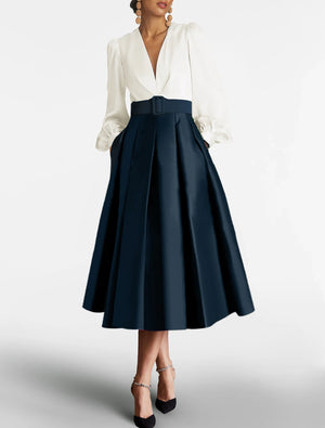 A-Line Cocktail Wedding Guest Dress Elegant Dress Formal Prom Tea Length Long Sleeve V Neck Satin with Ruched - etyou