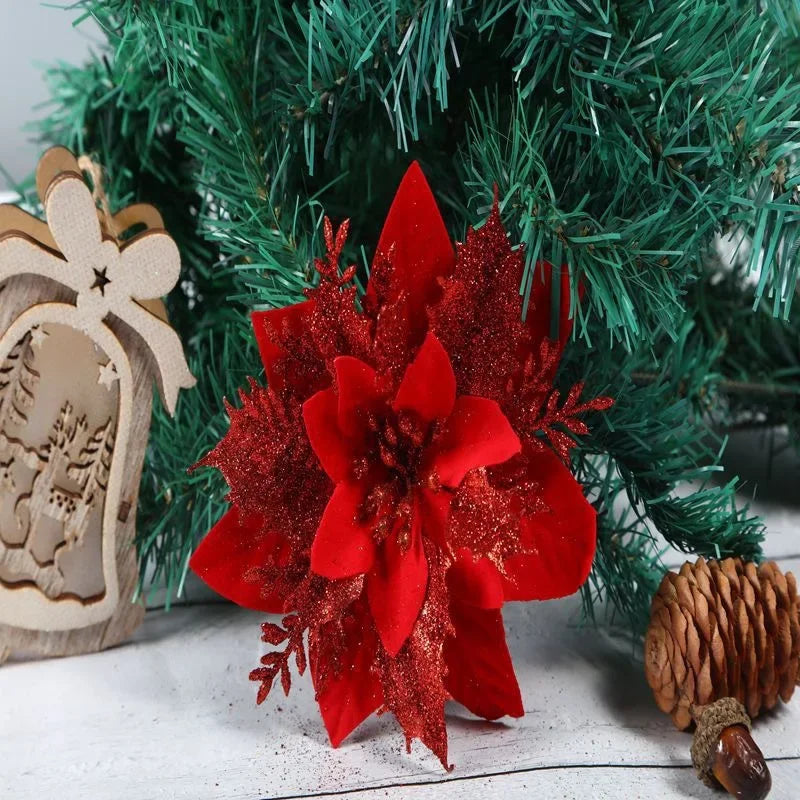 14cm Glittering Christmas Flower Ornaments for Festive Decor - Image 11