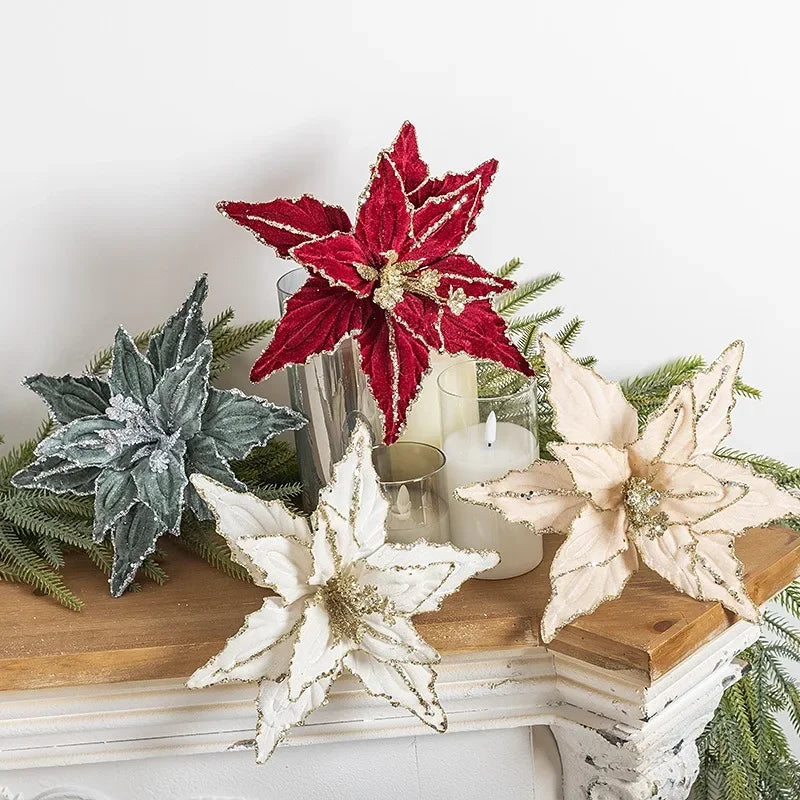 26cm Glittering Red & White Christmas Flower Decor - Image 12