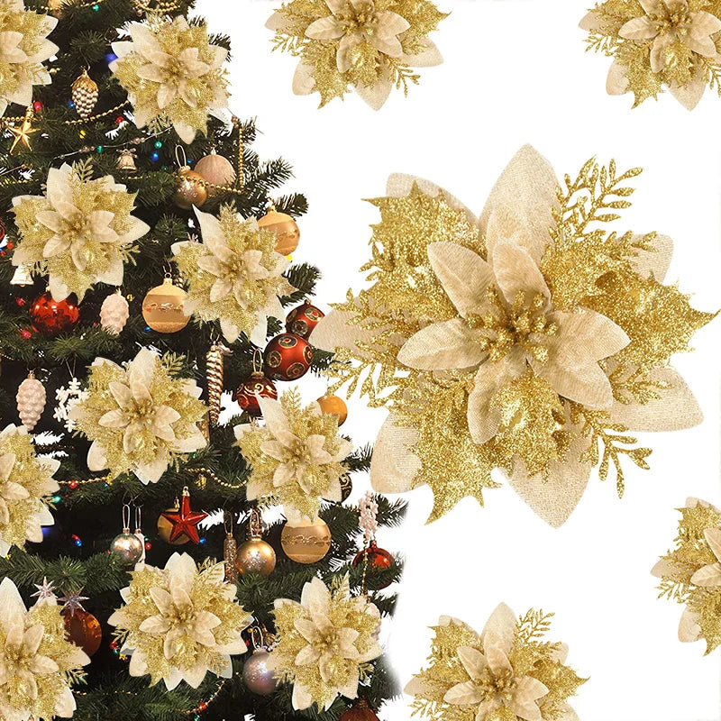 Stunning Glitter Red Gold Christmas Flower Ornaments