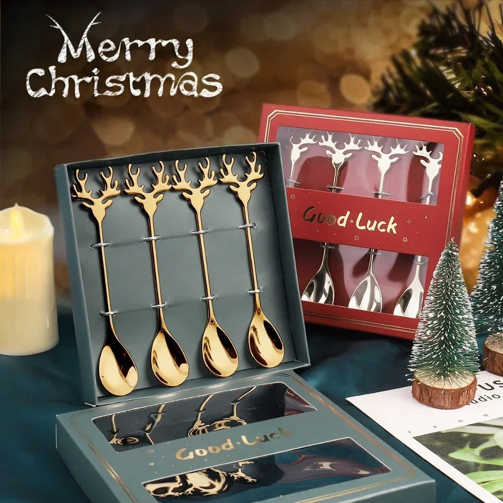 4 Christmas Elk Head Coffee Spoons for Festive Decor