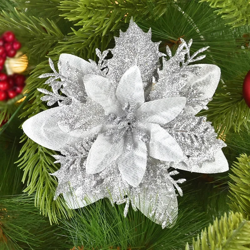 14cm Glittering Christmas Flower Ornaments for Festive Decor - Image 4