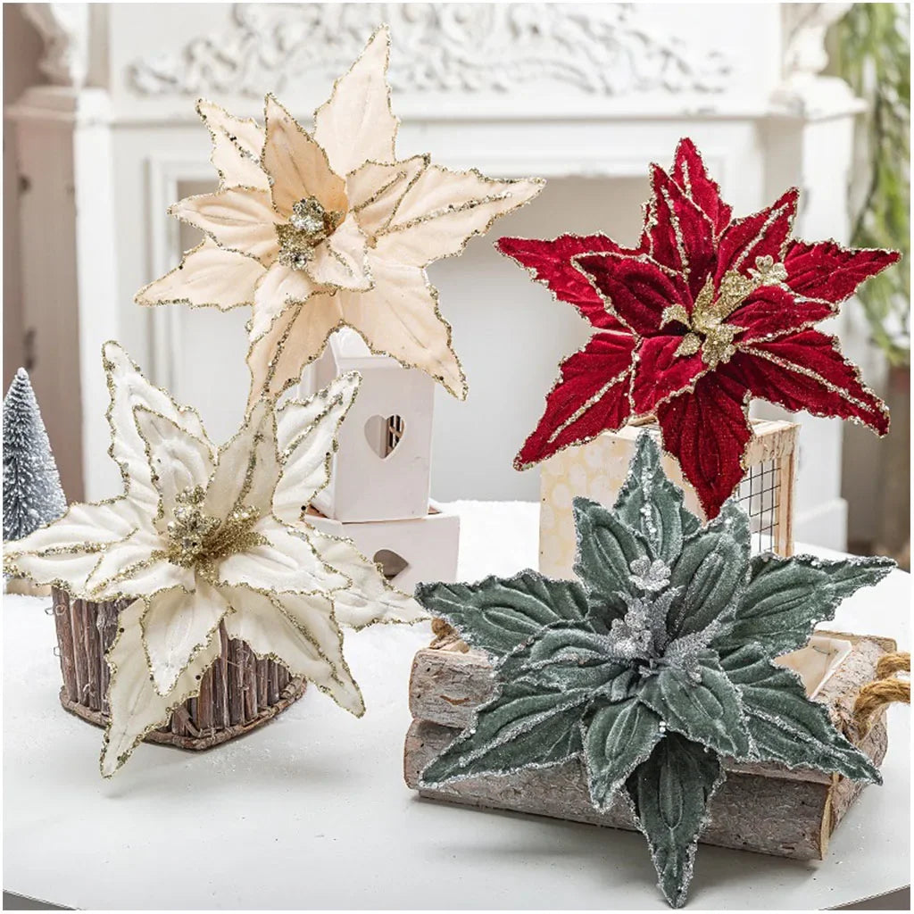 26cm Glittering Red & White Christmas Flower Decor