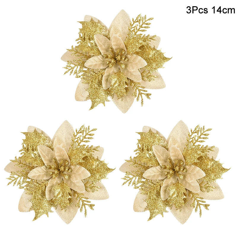 Stunning Glitter Red Gold Christmas Flower Ornaments - Image 4