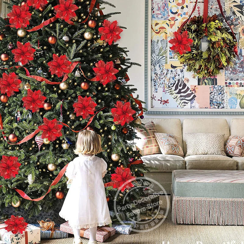 Stunning Glitter Red Gold Christmas Flower Ornaments - Image 16