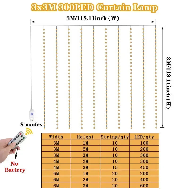 USB Remote LED Curtain Fairy Lights - 8 Modes - Image 23
