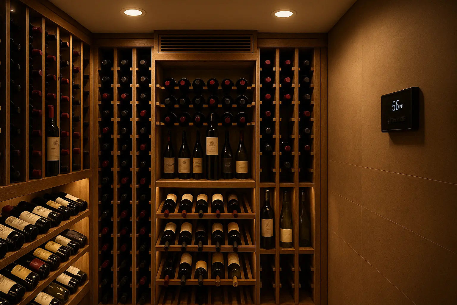 Elegant modern wine cellar with custom racks, soft LED lighting, a discreet cooling system, and a digital thermostat set at 56°F.