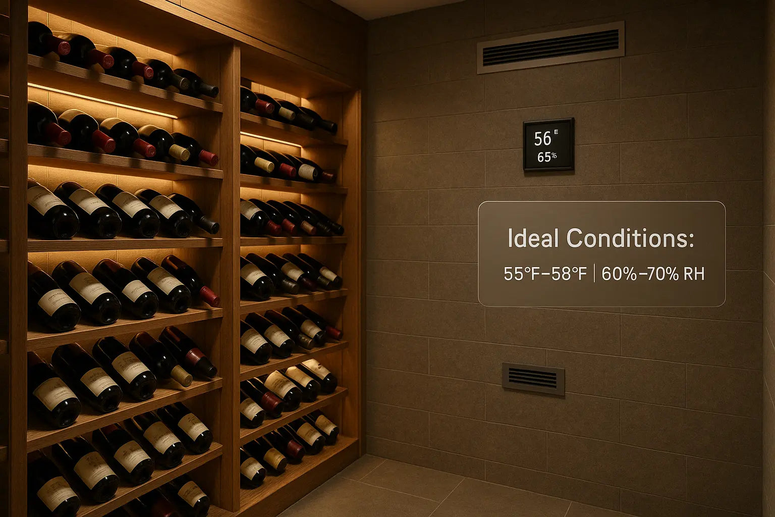 Modern wine cellar with soft LED lighting, custom wood racks, a digital thermostat reading 56°F and 65% humidity, and ideal conditions displayed.