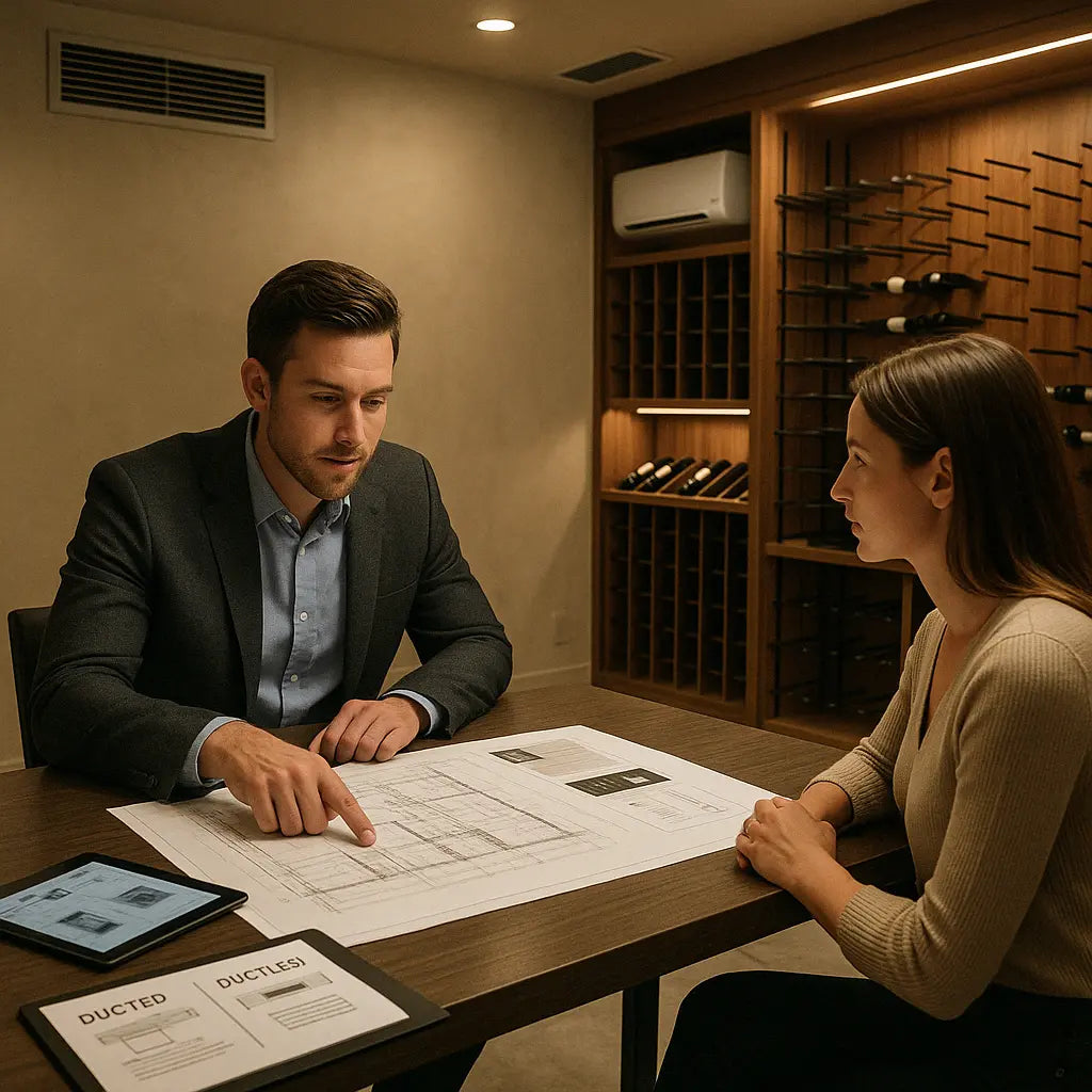 Wine cellar consultant reviews blueprints and cooling system plans with a client in a modern cellar under construction, featuring ducted and ductless units.
