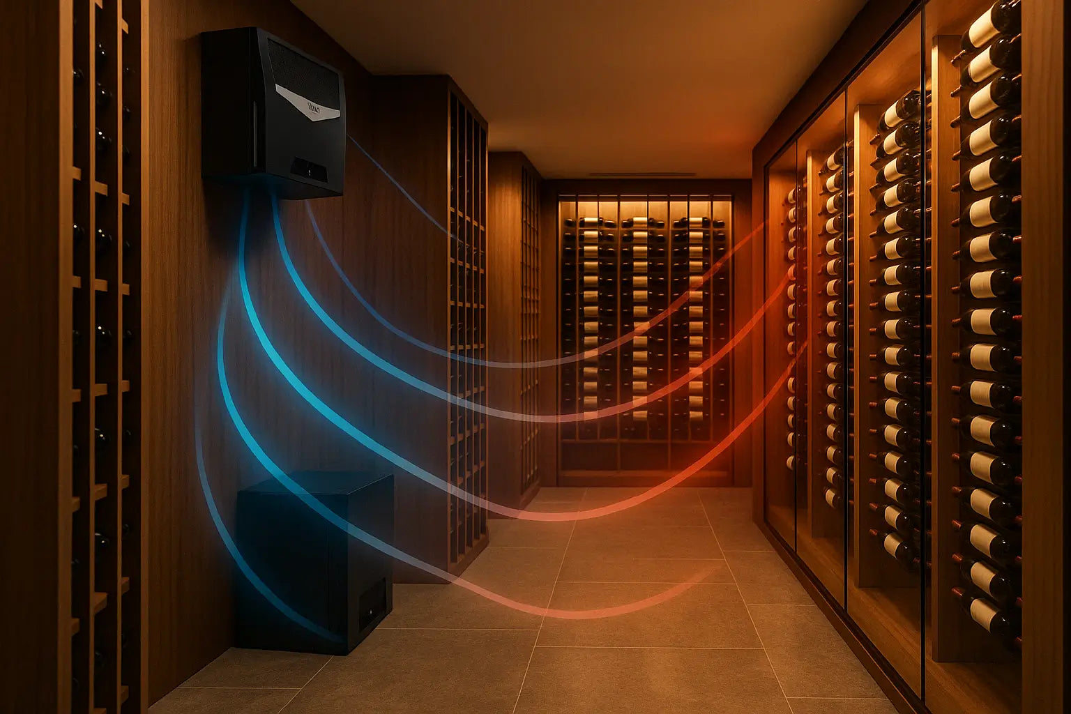 Wine Guardian system regulating temperature and humidity in a luxury wine cellar.