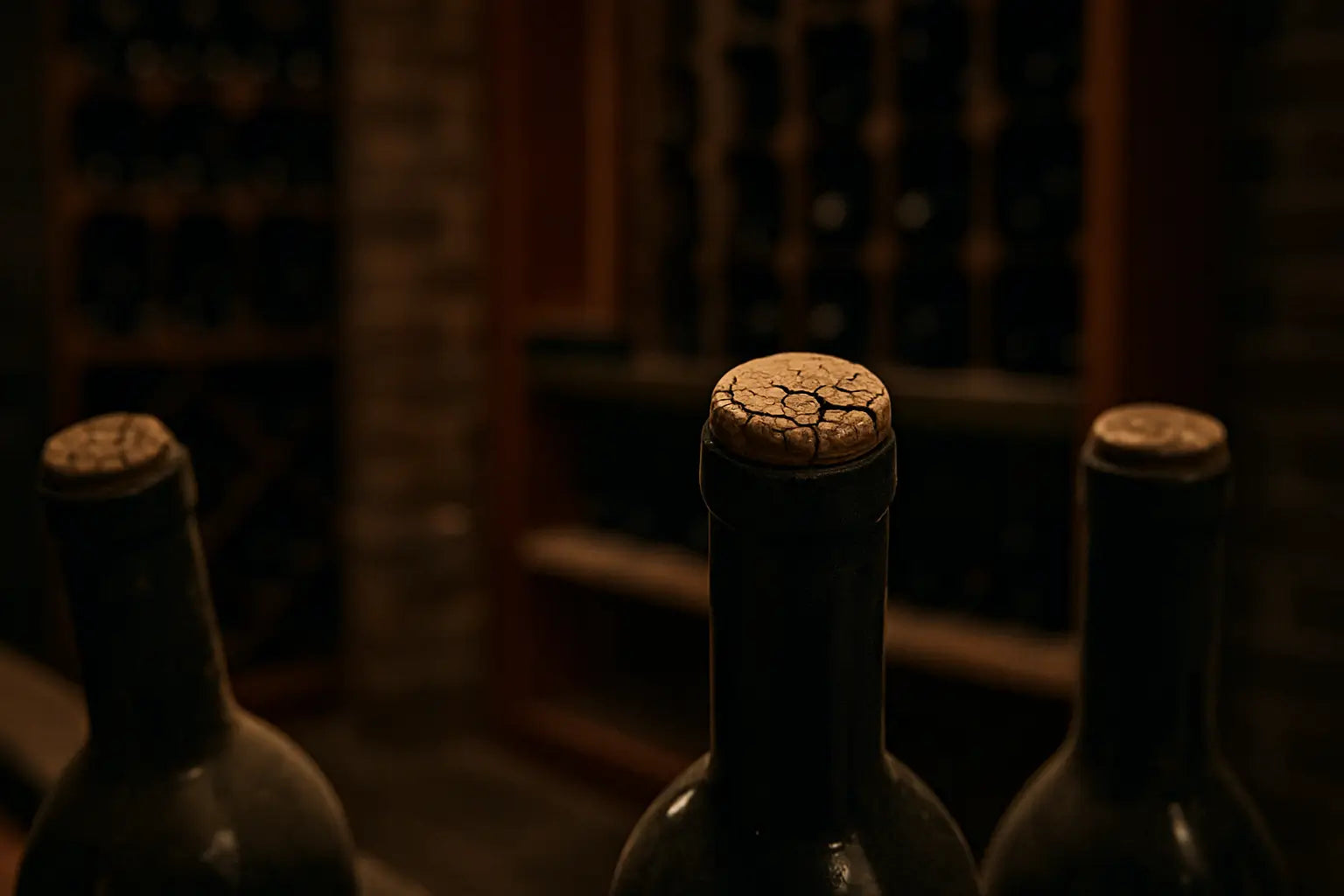 Close-up of cracked wine corks on aged wine bottles in a dimly lit luxury wine cellar with elegant racks and a moody atmosphere.