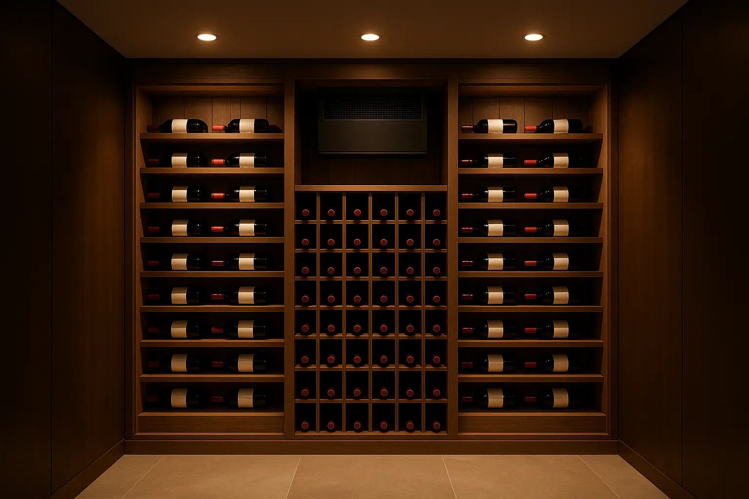 Elegant luxury wine cellar with soft cinematic lighting, modern recessed lights, and minimal heat output design, 16:9 aspect ratio.