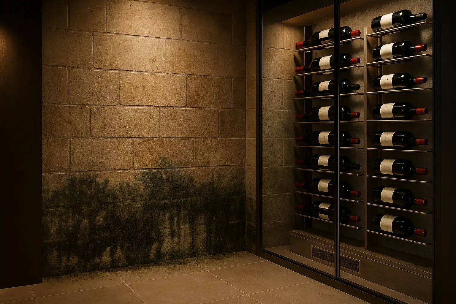 Photorealistic luxury wine cellar with hidden cooling problems showing mold and sweating walls beside elegant wine racks, 16:9 aspect ratio.