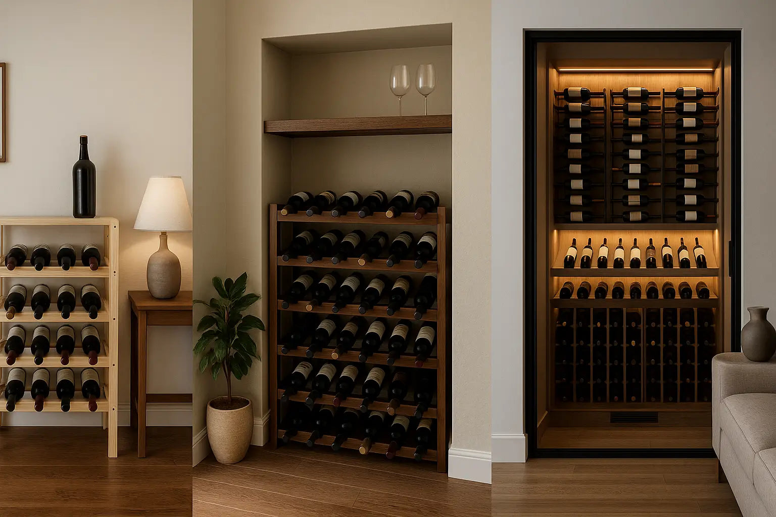 Side-by-side comparison of basic wine rack, custom mid-range cellar, and luxury glass-enclosed wine room