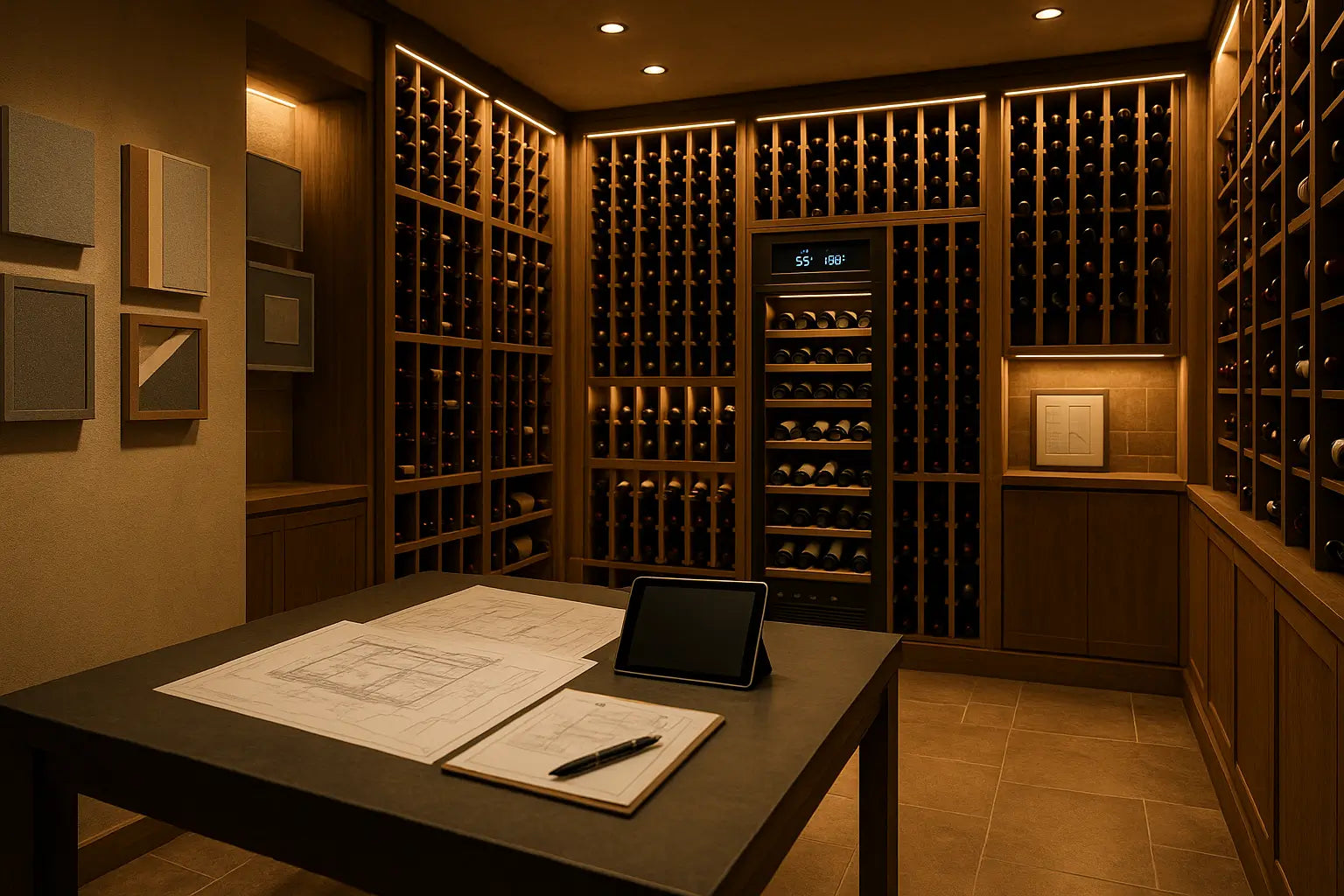 Modern wine cellar learning space with wine racks, planning tools, and climate control technology