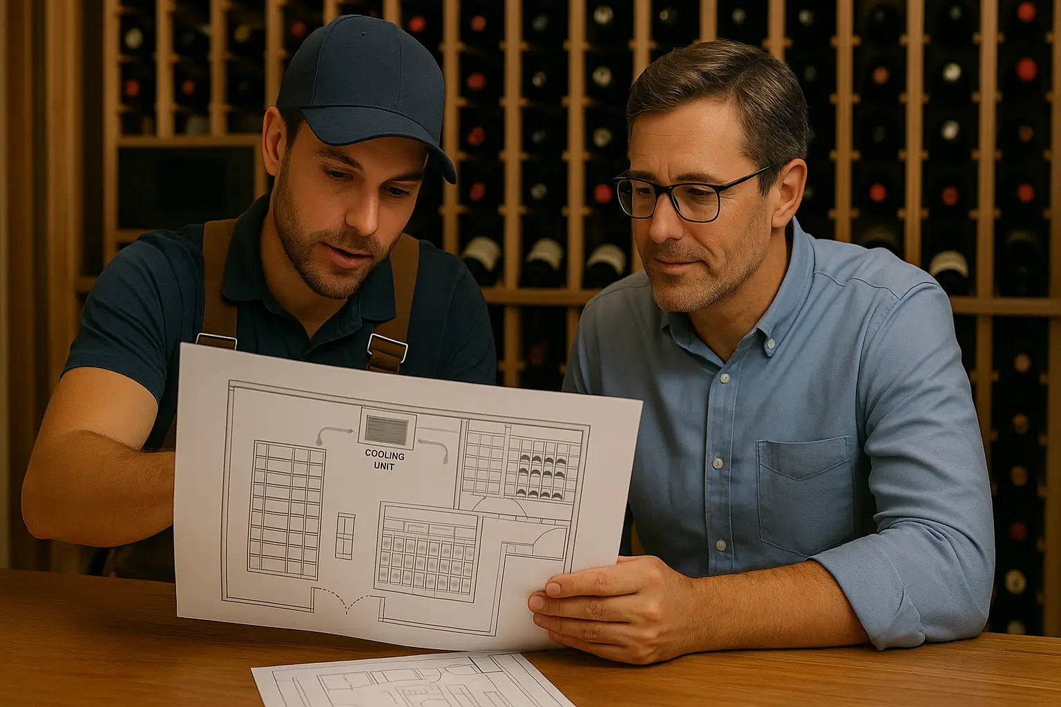 Contractor and homeowner planning wine cellar cooling system together