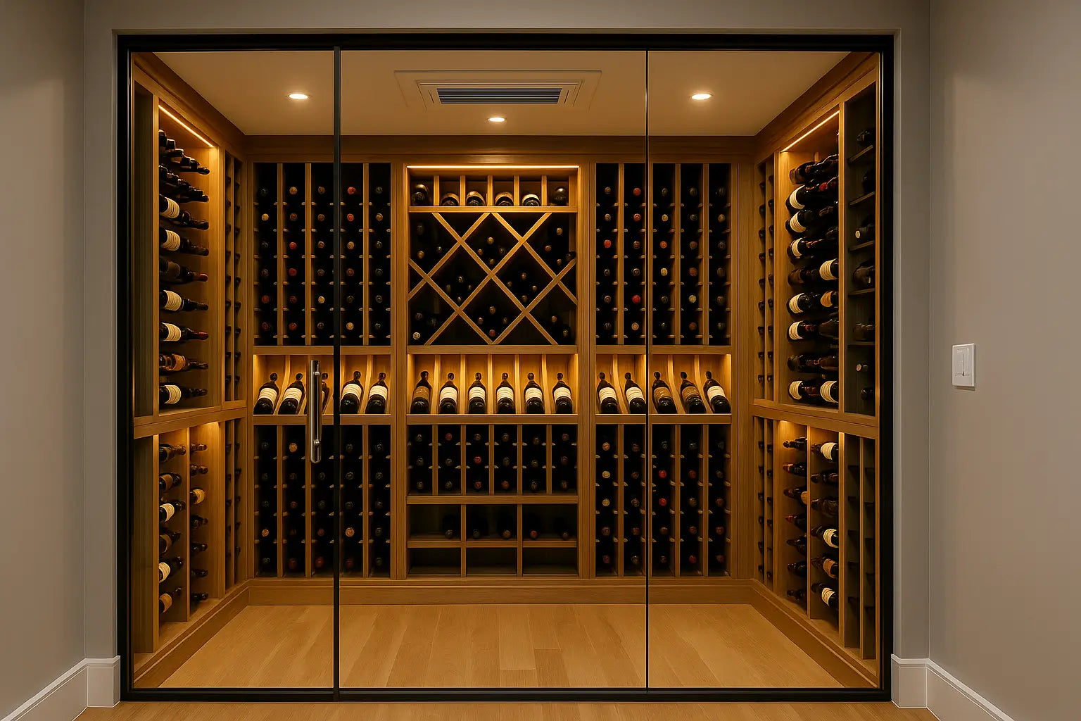 Completed wine cellar with ducted cooling system and modern glass design