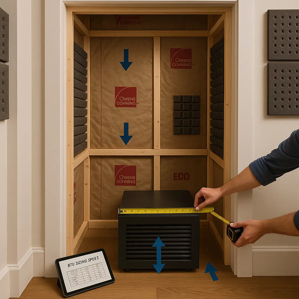 Wine closet pre-installation setup with cooling unit, insulation, and ventilation planning in progress