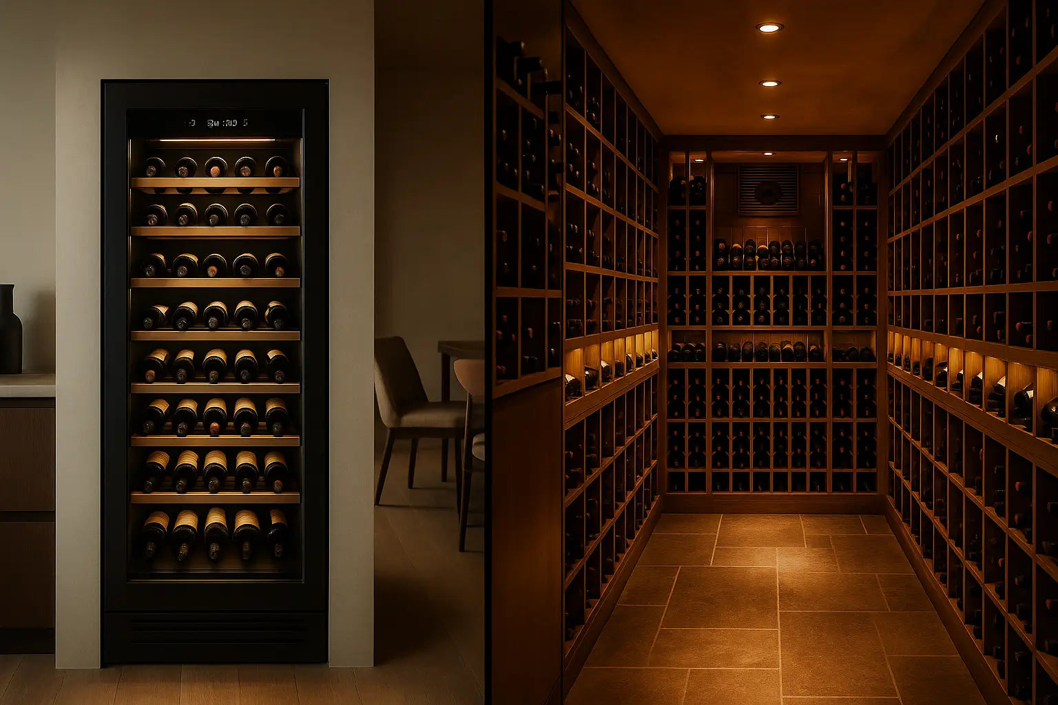 Side-by-side comparison of wine fridge and custom wine cellar for wine storage