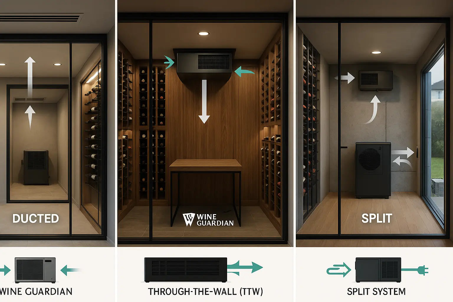 Diagram of Wine Guardian cooling system types with airflow and install examples