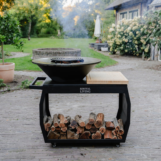 RJRoyal Living Plancha grill BBQ Amigo avec couvercle et rangement bois  brasero inox