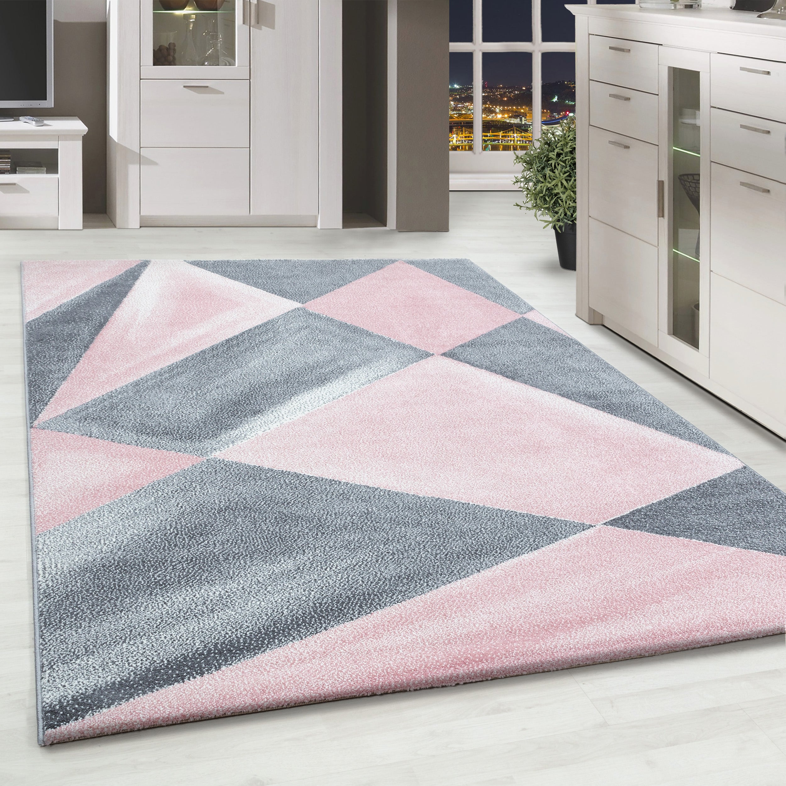 – Kurzflor Gemustert Pink Abstrakt Designer Wohnteppich Teppich HomebyHome Wei Grau