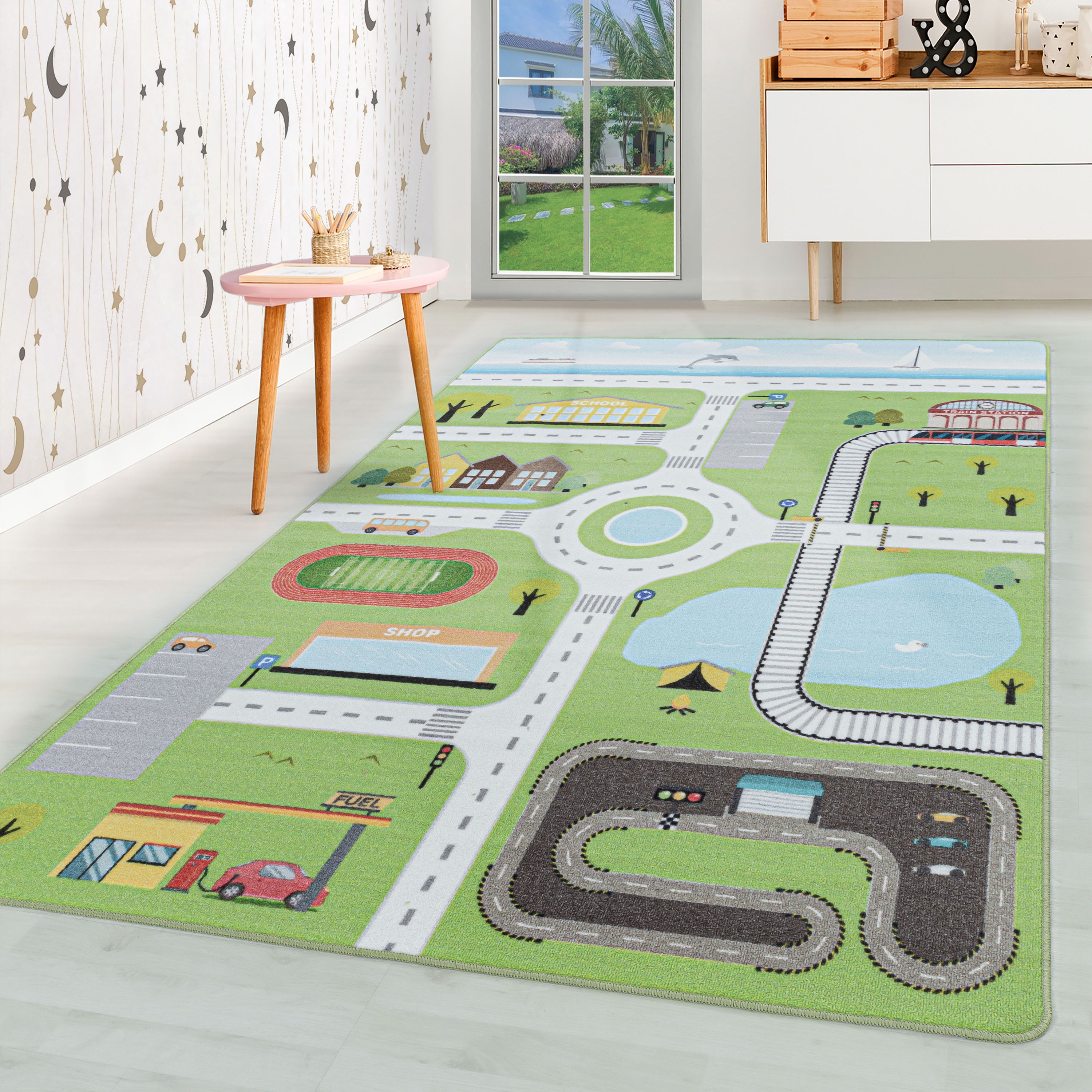 Hochflor Kinderteppich Rund Fußball und Basketball Design Teppich  Kinderzimmer