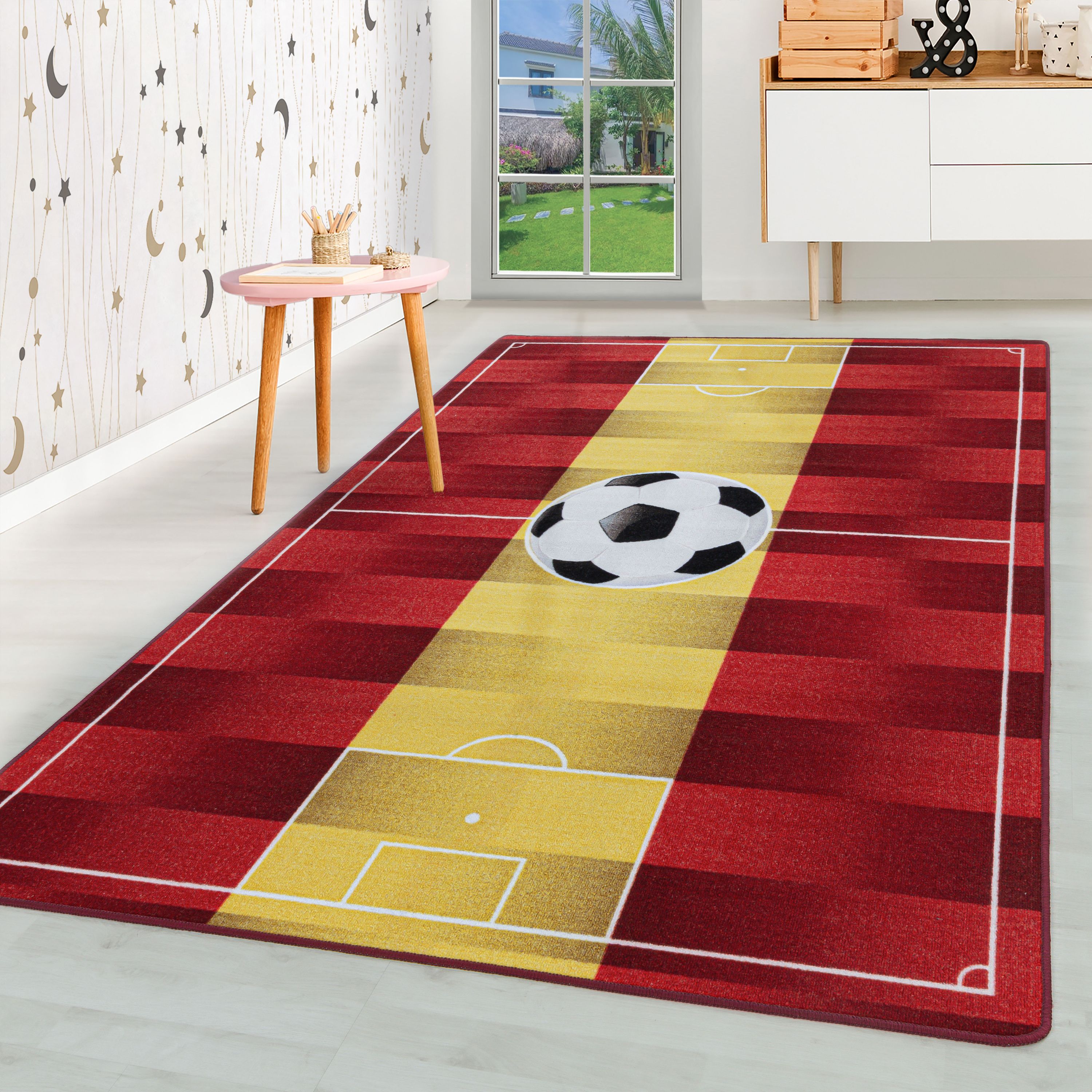 Hochflor Kinderteppich Rund Fußball und Basketball Design Teppich  Kinderzimmer