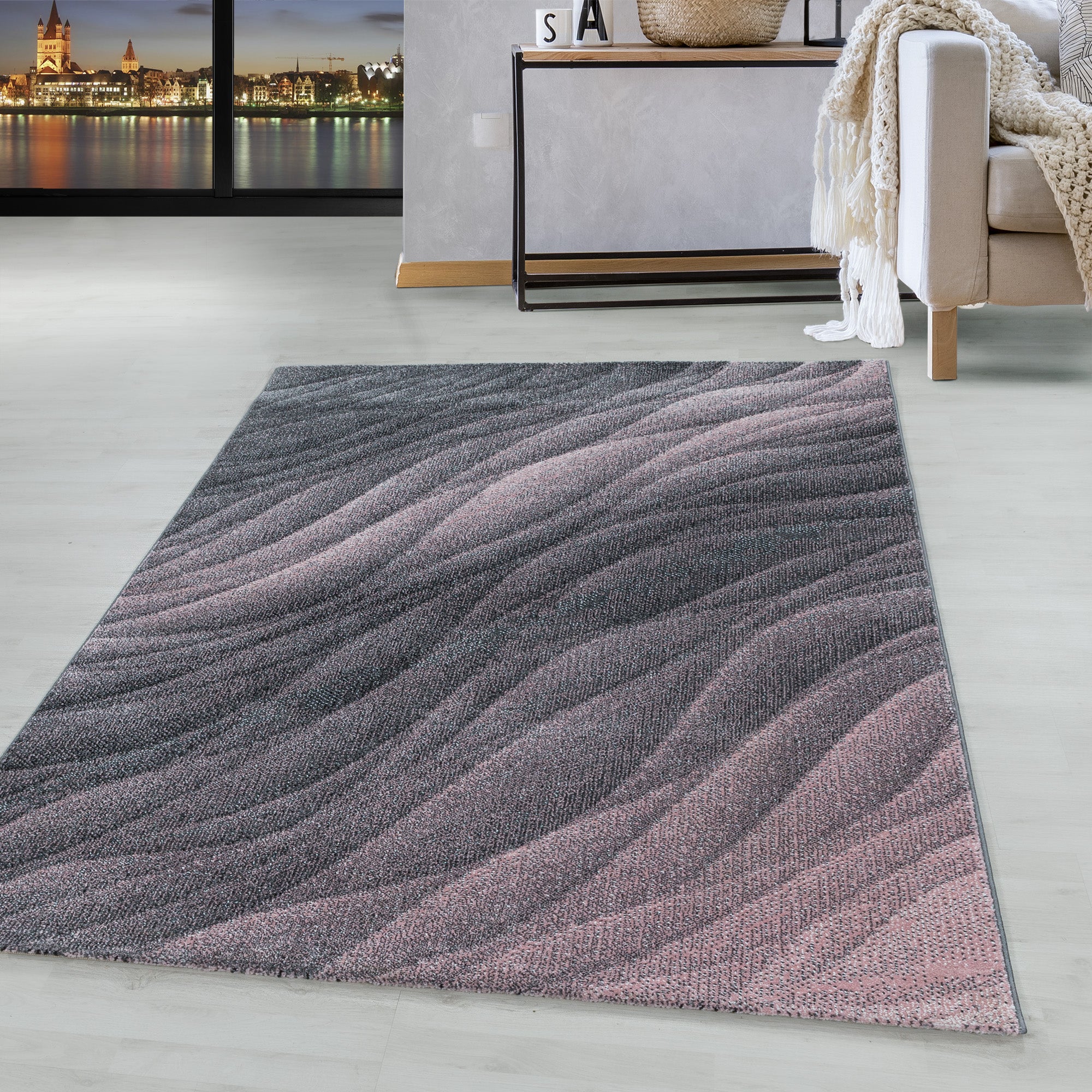 Muster Grau Rosa – Kurzflor Modern Teppich Wohnzimmerteppich HomebyHome Geometrisch