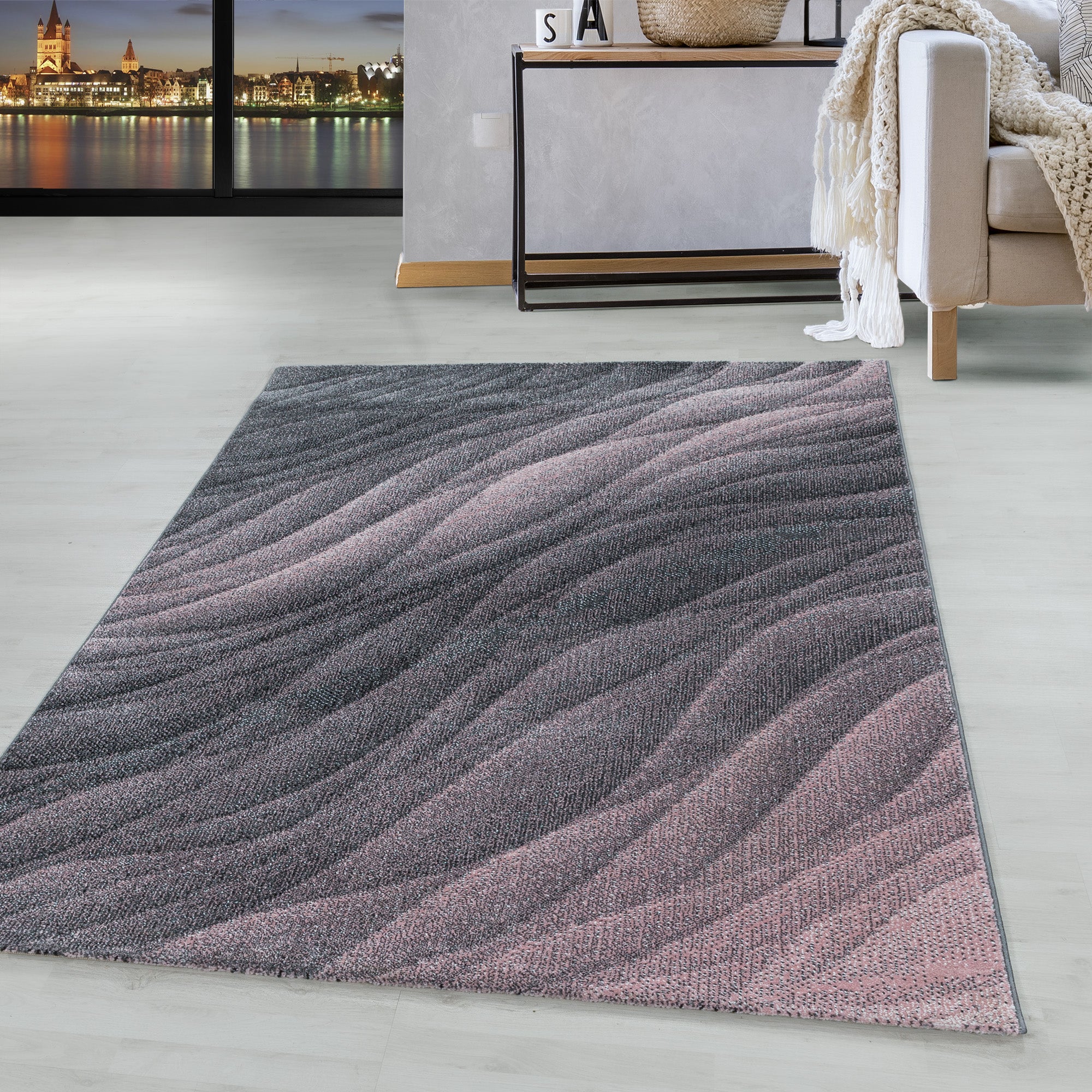 – Teppich Rosa Grau Muster Geometrisch Modern Kurzflor Wohnzimmerteppich HomebyHome