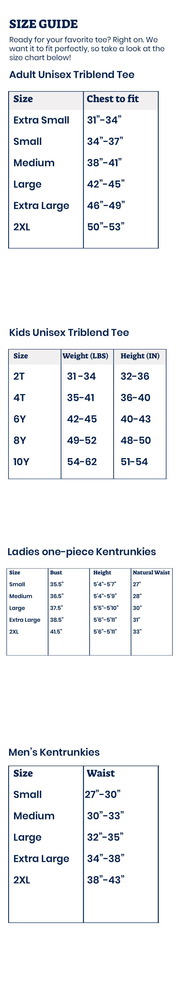 Kentucky Sando Size Chart