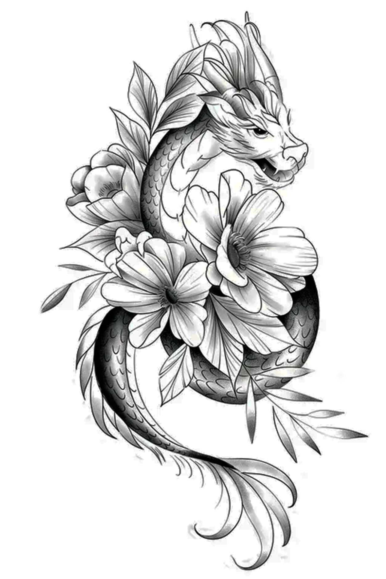 Dragon and Flowers Arm or Chest Tat – Quick Temporary Tattoos