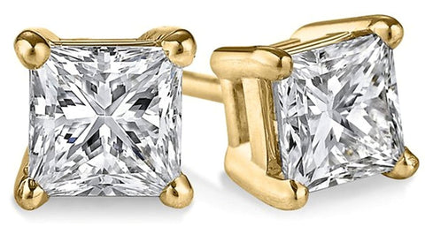 14K Yellow Gold Finish Princess Solitaire Stud Earrings