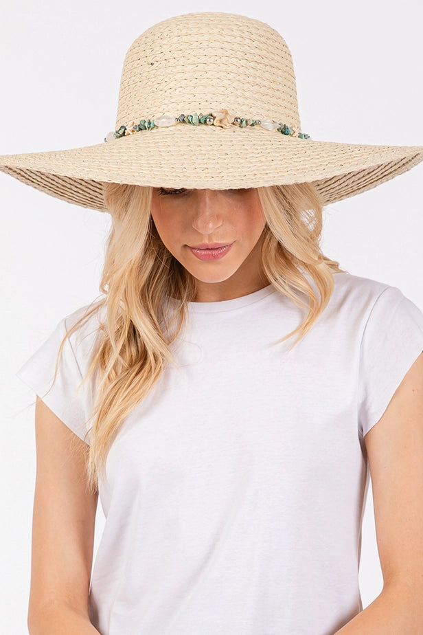 Starfish with Turquoise Wide Brim Floppy Sun Hat
