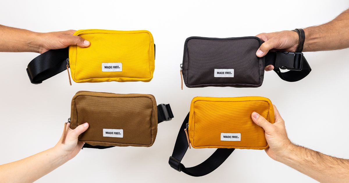 collection of MADE FREE fanny packs in mustard, taupe, burnt orange, and charcoal