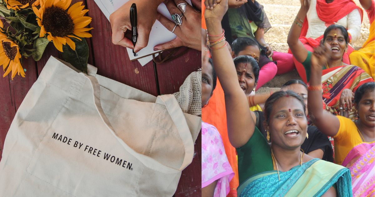 Female artisans with the MADE BY FREE WOMEN tote bag