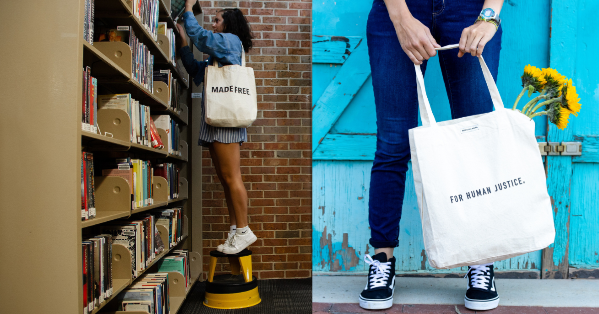 Women holding the market tote by made free, shopping and in the library