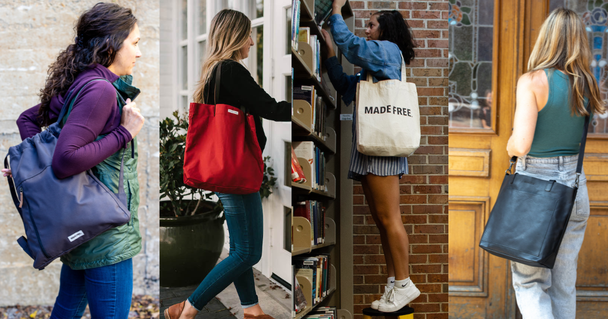 Women in MADE FREE tote bags for teachers