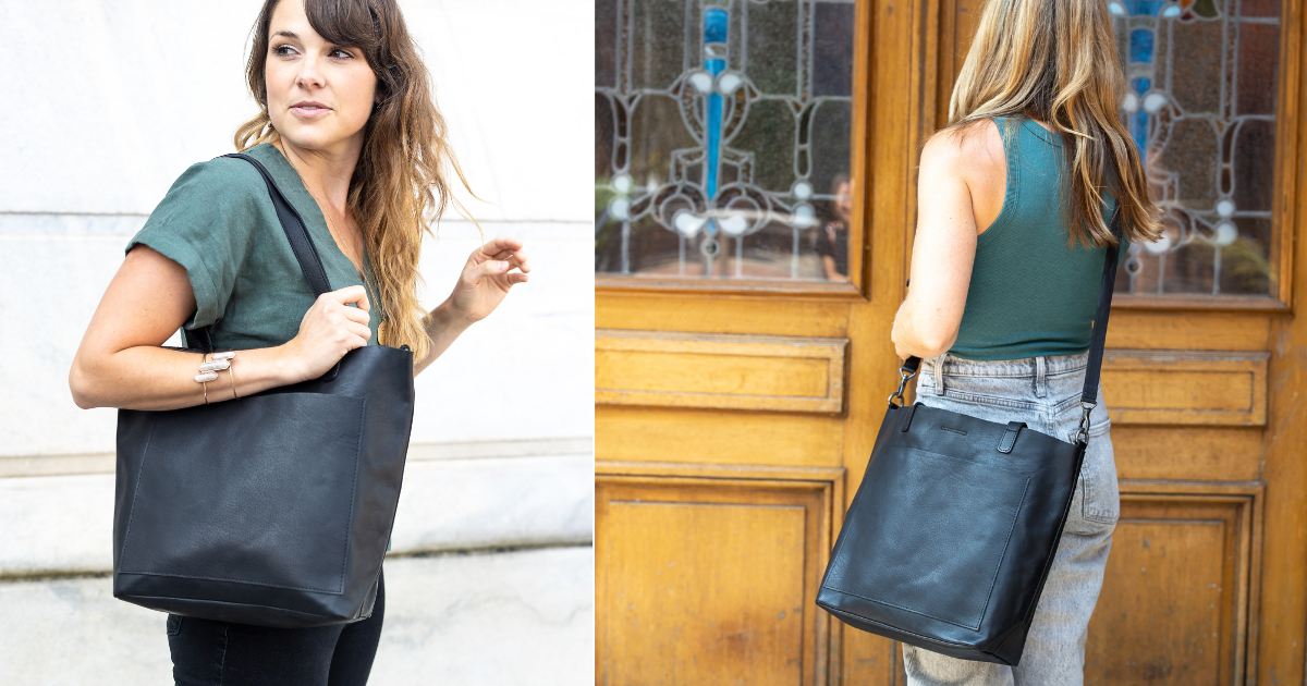 Women carrying veg tanned leather tote bags