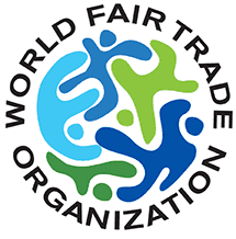 The logo of the World Fair Trade Organization (WFTO) features abstract human figures in blue and green, forming a circular pattern. Around the circle, the text "WORLD FAIR TRADE ORGANIZATION" is written in uppercase black letters.