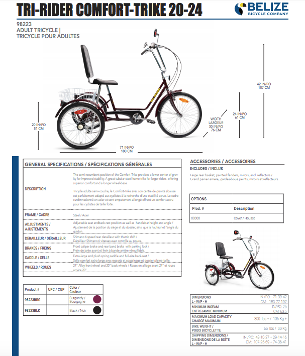 2024 Belize Bike Tri-Rider Comfort 24/20 Semi Recumbent 6 Speed