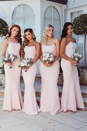 Simple Strapless Satin Cheap Long Bridesmaid Dresses - Koutun Dress