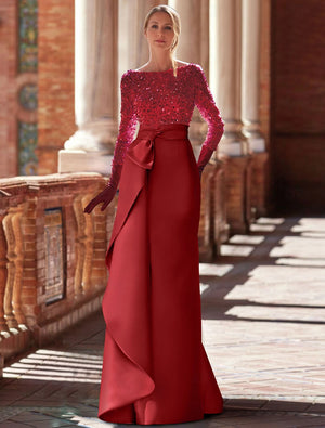A-Line Evening Gown Elegant  Formal Floor Length Long Sleeve Jewel Neck Satin with Glitter Ruffles - Koutun Dress